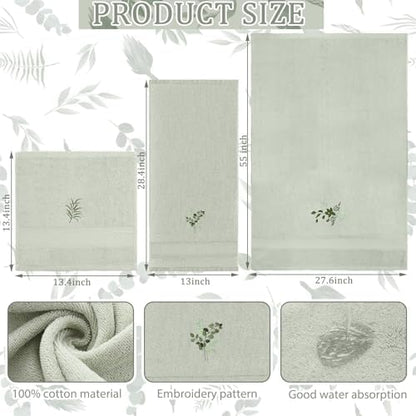 3 Pcs Eucalyptus Leaves Bathroom Towel Set, Embroidered Decor