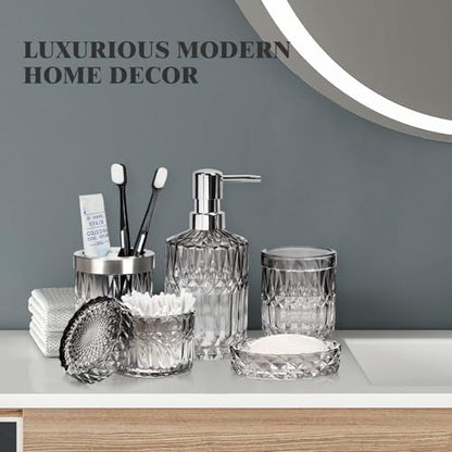 Bathroom Clear Glass Accessories Set, 5Pcs Bathroom Soap Dispenser Set, Glass Bathroom Accessories with Glass Soap Dispenser, Soap Dish, Toothbrush Holder, Tumbler, Cotton Swab Jar (Black & Clear)