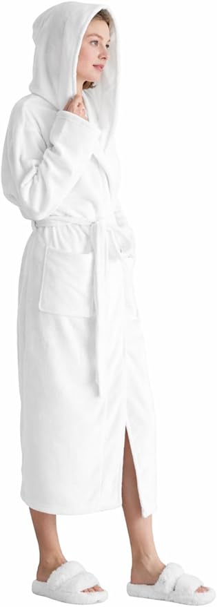 Robes for Women - Hooded Plush Fleece Bathrobe with Sash & Pockets, Full-Length Lightweight Spa Robe