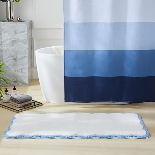 Ohocut Luxury Microfiber Scalloped Runner Rug, White Bath Rug with Blue Scalloped Piping Cute Aesthetic Bath Mat for Bathroom, Tub, Floor Carpet, Sink, Shower, Anti Slip, Extra Soft, Absorbent, 47x24
