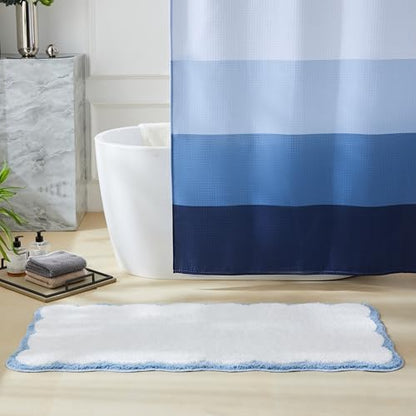 Ohocut Luxury Microfiber Scalloped Runner Rug, White Bath Rug with Blue Scalloped Piping Cute Aesthetic Bath Mat for Bathroom, Tub, Floor Carpet, Sink, Shower, Anti Slip, Extra Soft, Absorbent, 47x24