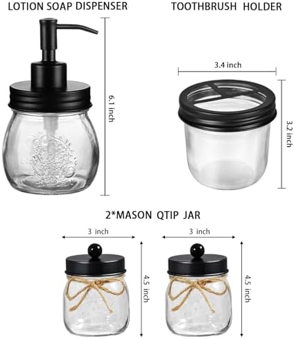Amolliar Glass Mason Jar Bathroom Accessories Set 4 Pcs (Black)