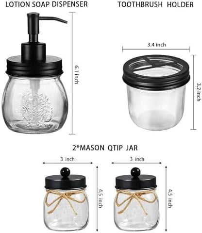 Amolliar Glass Mason Jar Bathroom Accessories Set 4 Pcs (Black)