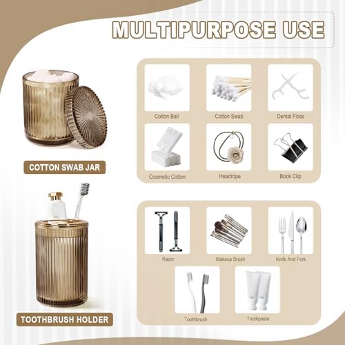 KASUNTING Brown Glass Bathroom Accessories 4 Pcs, Brown Bathroom Set, Soap Dispenser and Toothbrush Holder Set, Qtip Holder Set, Vintage Bathroom Sink Set, Modern Bathroom Decor