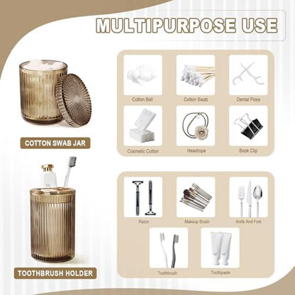 KASUNTING Brown Glass Bathroom Accessories 4 Pcs, Brown Bathroom Set, Soap Dispenser and Toothbrush Holder Set, Qtip Holder Set, Vintage Bathroom Sink Set, Modern Bathroom Decor