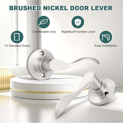 GOBEKOR 1 Pair of Dummy Door Levers Brushed Nickel Interior Door Handle for Left Hand and Right Hand, Non-Turning Handle Pull for Closet French Doors, 2 Pack