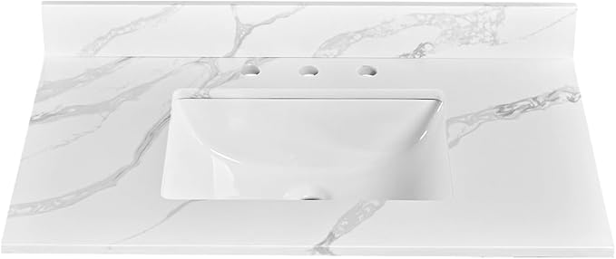 36 in. W x 22 in D Quartz Vanity Top in Calacatta Rocky, Vanity Sink Top with Assembled Single Drop-in Sink, Pre-Drilled Widespread Faucet Holes Countertop with 4" H Backsplash