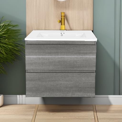 24 Inch Floating Bathroom Vanity with Sink, Modern Wall Mounted Small Bathroom Vanity, 2 Drawer Bathroom Sink Cabinet with Ceramic Sink, Soft Close Slides, Grey