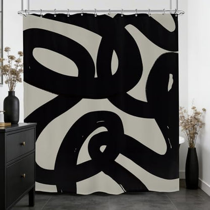 Abstract Black Line Shower Curtain 72Wx84L Inch Extra Long Modern Minimalist Contemporary Geometric Neutral Bathroom Set Accessories Decor with 12 Pack Hooks