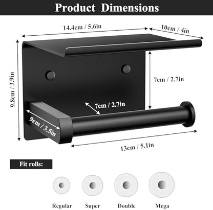 Tindbea Toilet Paper Holder with Phone Shelf, Adhesive or Screw Wall Mount Toilet Tissue Roll Holder, Rustproof & Multifunctional Stainless Steel Bathroom Storage Dispenser (Matte Black)