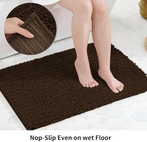 Disolla Small Bath Mat 17x24 Inch - Chenille Brown Bathroom Rug, Extra Soft Absorbent Plush Shaggy Bathmat, Non-Slip Machine Washable Floor Mat for Shower, Tub and Sink