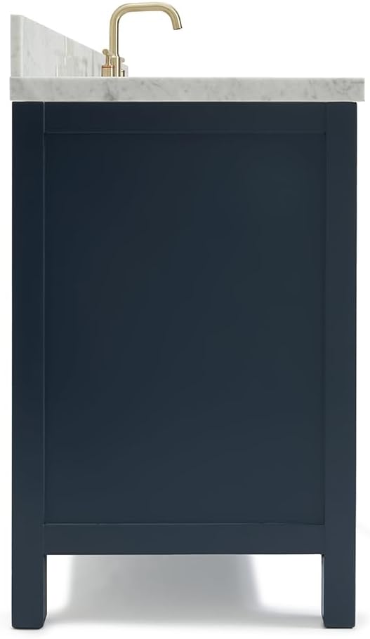 ARIEL Cambridge 60-inch Bathroom Vanity with Sink,Solid Wood, 1.5-inch Italian Carrara Marble Countertop, Single Rectangular Porcelain Sink, 2 Soft Closing Doors, 9 Dovetail Drawers, Midnight Blue