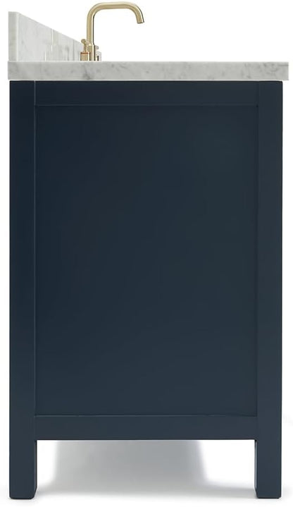 ARIEL Cambridge 60-inch Bathroom Vanity with Sink,Solid Wood, 1.5-inch Italian Carrara Marble Countertop, Single Rectangular Porcelain Sink, 2 Soft Closing Doors, 9 Dovetail Drawers, Midnight Blue