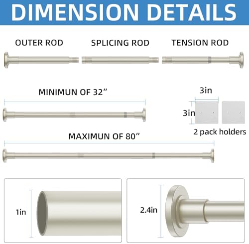 CorkLatta Nickel Adjustable Shower Curtain Rod 32 to 80 inch with 2 Holders