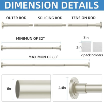 CorkLatta Nickel Adjustable Shower Curtain Rod 32 to 80 inch with 2 Holders