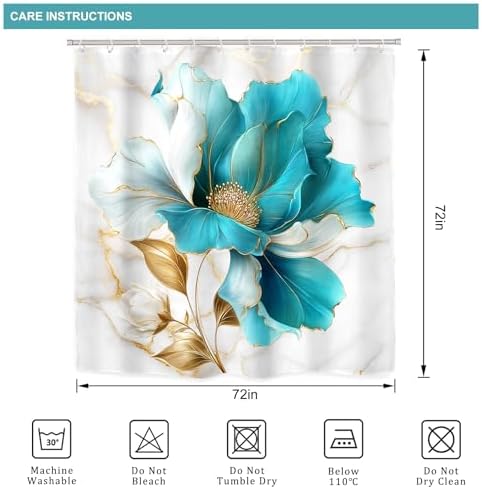Teal Gold Marble Floral Modern 4Pcs Bathroom Shower Curtain Set with Rugs