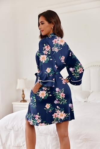 Ekouaer Women Kimono Robes Knee Length Knit Bathrobe Lightweight Soft Sleepwear V-neck Casual Ladies Loungewear
