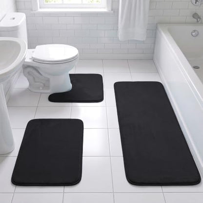H.VERSAILTEX Bath Mat Memory Foam Set Bathroom Rug Set Flannel Velvety Extra Soft and Absorbent Non Slip Rugs for Bathroom/Bedroom Washable(47"x 17" + 17"x 24" + 20"x 24"U-Shaped, Black)