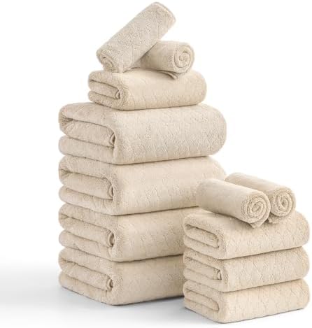 Luxury Bath Towels Set - 12 Piece (4 Large Bath Towels,4 Hand Towels,4 Washcloths), 100% Microfiber,Extra Absorbent Super Soft & Quick Dry,Complete Family Pack for Bathroom Gym Pool,Camel