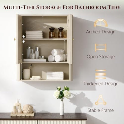 Bathroom Fluted Arched Wall Cabinet, 23.6''W Wood Medicine Cabinet, Cream