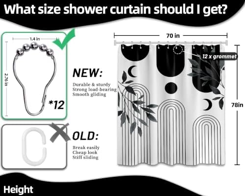 Mid Century Modern White and Black Shower Curtain Bohemian MCM Black and White Shower Curtains for Mens Bathroom Decor, Boho Minimalist Pattern, Waterproof Cloth Fabric with Hooks 70x78 in