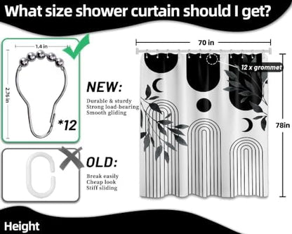Mid Century Modern White and Black Shower Curtain Bohemian MCM Black and White Shower Curtains for Mens Bathroom Decor, Boho Minimalist Pattern, Waterproof Cloth Fabric with Hooks 70x78 in