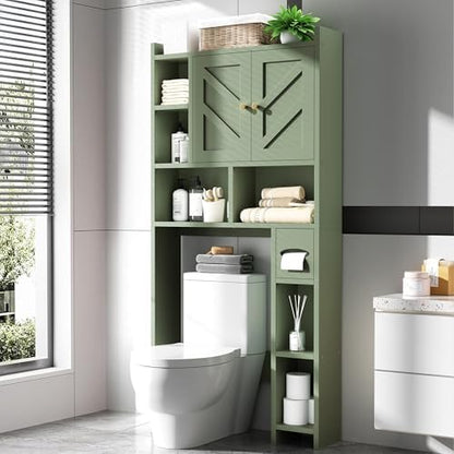 Over The Toilet Storage Cabinet, 64.6" Tall Bathroom Organizer Space Saver with Toilet Paper Holder & Adjustable Shelf, Freestanding Wood Cabinet for Small Space, Green