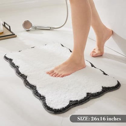 Ohocut Luxury Microfiber Bathroom Rugs, White Bath Rug with Black Grey Scalloped Piping Cute Aesthetic Preppy Bath Mat for Bathroom, Tub, Floor Carpet, Sink, Shower, Anti Slip, Absorbent, 26x16