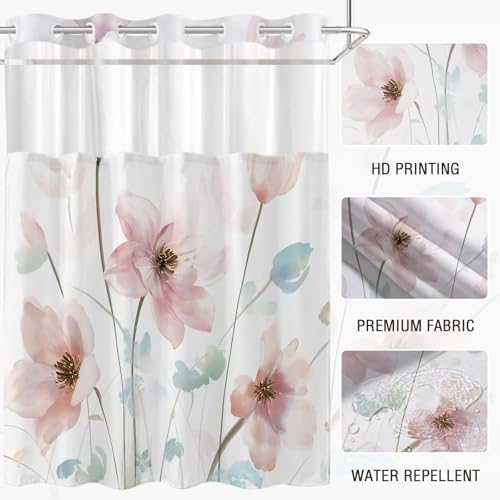 No Hook Shower Curtain and Liner Set, Light Pink Boho Floral 71x84