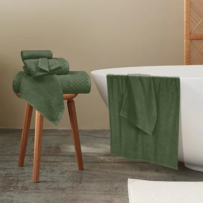 MyOwn Premium Cotton 6 Pack Towel Set for Bathroom, Contains 2 Bath Towels 28x55 inch, 2 Hand Towels 16x24 inch & 2 Wash Coths 12x12 inch, Ideal Everyday use, Compact & Lightweight - Olive Green
