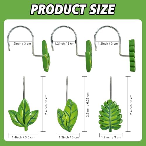 12-Piece Green Leaves Leaf Shower Curtain Hooks for Bathroom