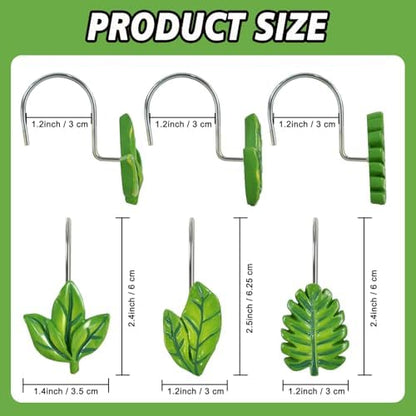 12-Piece Green Leaves Leaf Shower Curtain Hooks for Bathroom