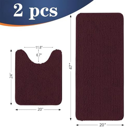 OLANLY Chenille Bathroom Rugs Sets 2 Piece, 47"x20"+24"x20", Black Cherry