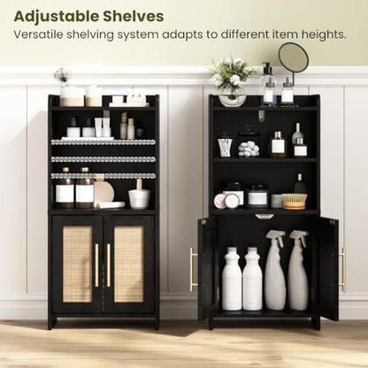 Small Bathroom Storage Cabinet with 2 Doors & Shelf,Rattan Black