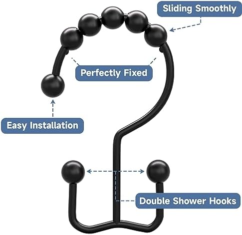 Titanker Black Shower Curtain Hooks Rings, Rust-Resistant Metal Double Glide Shower Hooks for Bathroom Shower Rods Curtains, Set of 12 Hooks - Matte Black