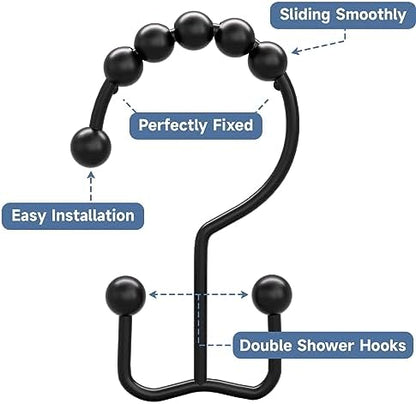 Titanker Black Shower Curtain Hooks Rings, Rust-Resistant Metal Double Glide Shower Hooks for Bathroom Shower Rods Curtains, Set of 12 Hooks - Matte Black