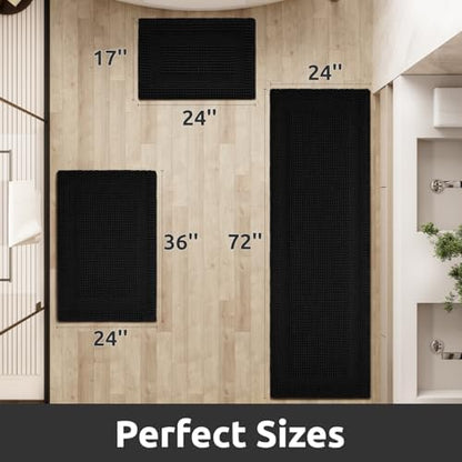 AMOAMI Waffle Bathroom Runner Rugs, Long Bath Mat Non Slip 24''x72'' Black