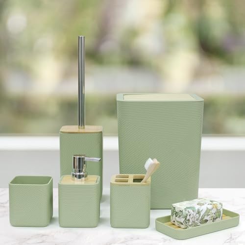 CERBIOR Bamboo Bathroom Accessories Set 6 Piece Square Spiral Set,Green
