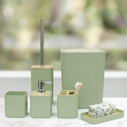 CERBIOR Bamboo Bathroom Accessories Set 6 Piece Square Spiral Set,Green