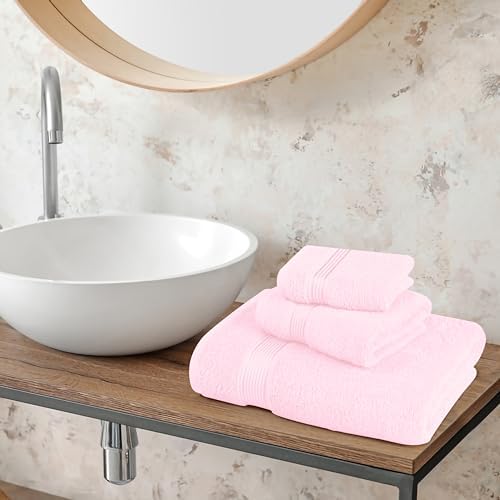 Belizzi Home Ultra Soft 3 Pack Cotton Towel Set, Contains a Bath Towel 28x55 inch, a Hand Towel 16x24 inch & a Wash Coth 12x12 inch, Ideal Everyday use, Compact & Lightweight - Pink