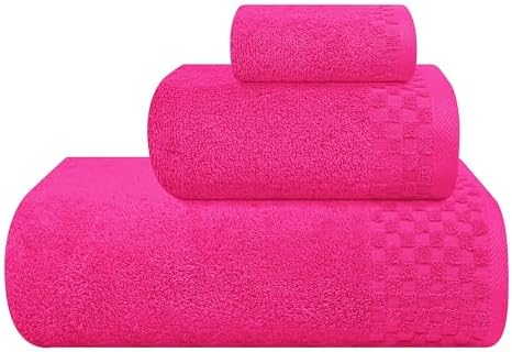 MyOwn Ultra Soft 3 Pack Cotton Towel Set, Contains a Bath Towels 28x55 inch, a Hand Towels 16x24 inch & a Wash Coths 12x12 inch, Ideal Everyday use, Compact & Lightweight - Hot Pink