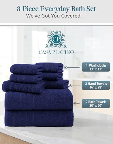 Casa Platino Towel Set for Bathroom Soft Absorbent Quick Dry 8 Piece - Navy