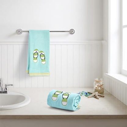 Ritz 2-Piece Cotton Velour Bathroom Hand Towel Set, Embroidered Striped Flip Flops Design, Soft Aqua Coastal Towels for Beach House, Pool, or Spa Decor, 16” x 26”