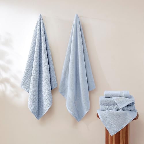 Modern Threads Otis 6-Piece 100% Cotton Towel Set – Zero Twist Jacquard Chevron – Includes 2 Bath Towels, 2 Hand Towels, 2 Washcloths – Absorbent, Quick Dry, Soft & Durable – Light Blue