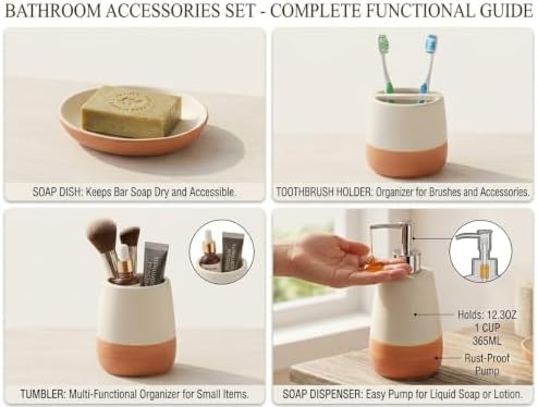 4 Piece Ceramic Bathroom Accessories Set, Soap Dispenser, Toothbrush Holder, Tumbler and Soap Dish, Speckled White & Terracotta Bathroom Counter Set, Modern Boho Farmhouse Decor 2. Product Description