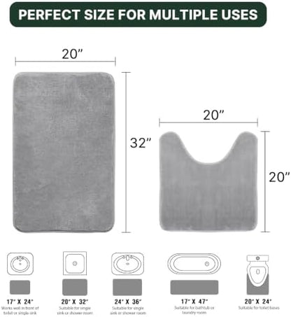 H.VERSAILTEX Bath Mat Memory Foam Set Bathroom Rug Set Flannel Velvety Bath Mat Luxury Extra Soft and Absorbent Non Slip Rugs for Bathroom/Bedroom Washable(Curved Set 20"x 32" Plus 20"x 20"U, Grey)