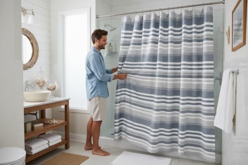 Serafina Home Modern Coastal Blue White Gray Stripe Cotton Shower Curtain