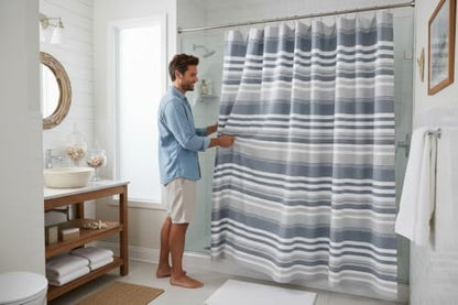 Serafina Home Modern Coastal Blue White Gray Stripe Cotton Shower Curtain