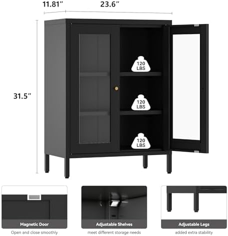 YAUWOH Metal Bathroom Cabinet with Glass Doors,Bathroom Floor Storage Cabinet with 2 Adjustable Shelves & 2 Doors, Sideboard for Small Spaces, Living Room, Dining Room, Home Office