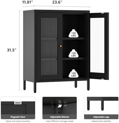 YAUWOH Metal Bathroom Cabinet with Glass Doors,Bathroom Floor Storage Cabinet with 2 Adjustable Shelves & 2 Doors, Sideboard for Small Spaces, Living Room, Dining Room, Home Office